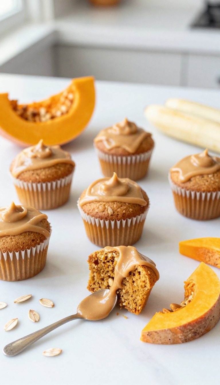 3. Pumpkin Banana Oat Cupcakes With Peanut Butter Drizzle
