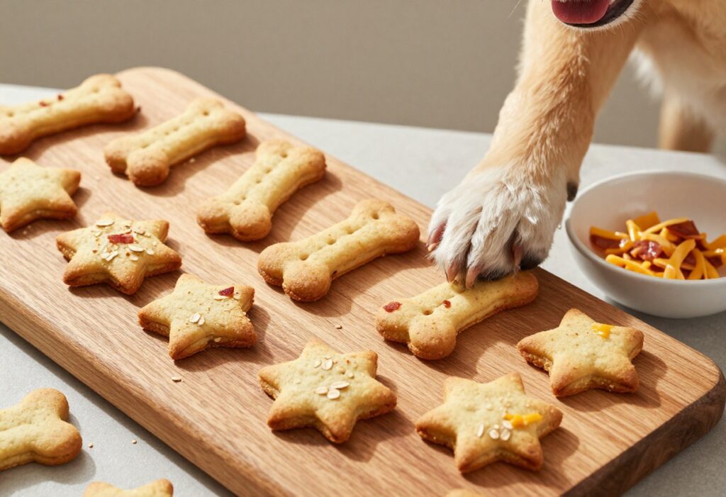 Homemade cheese bacon dog biscuits with oat crunch on a wooden board, with a dog's paw reaching for one.