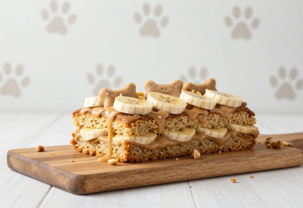 Homemade dog birthday cake with peanut butter and banana, decorated with a dog bone treat, on a wooden board.