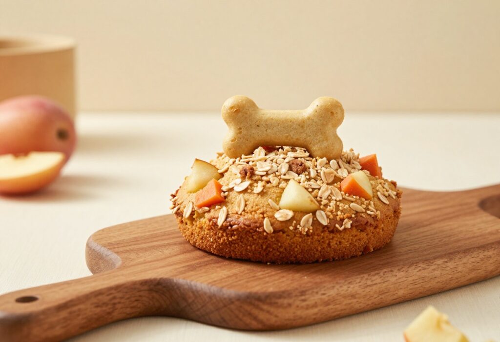 Homemade dog cake with apple, carrot, and oat flour crumb topping on a wooden board