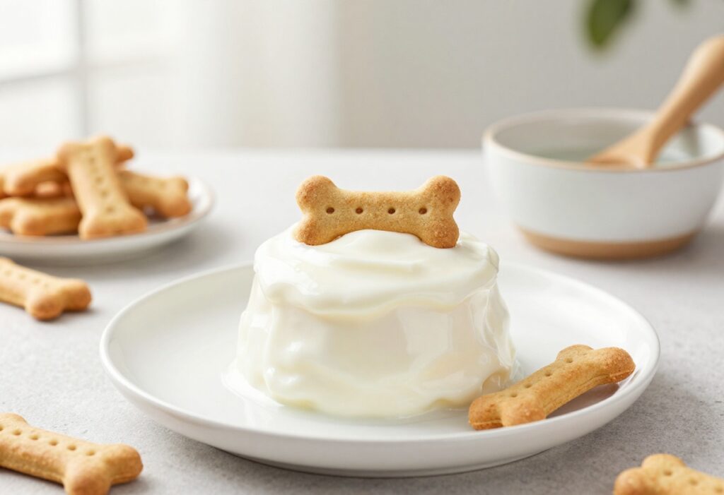 Small single-serve dog cake with yogurt frosting and a dog bone treat on top, on a plate with dog biscuits nearby