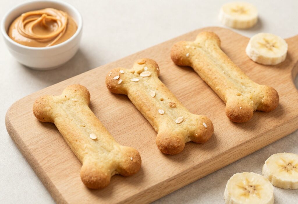 Homemade peanut butter banana dog cookies with toasted oats on a wooden board