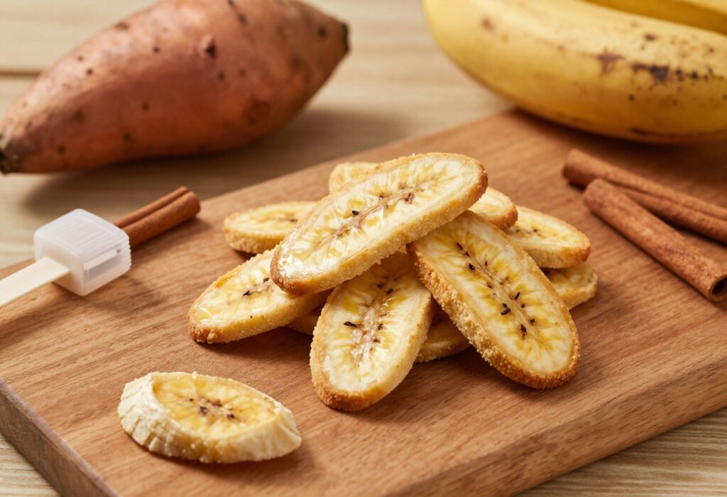 Homemade banana sweet potato dog treats with cinnamon on a wooden board