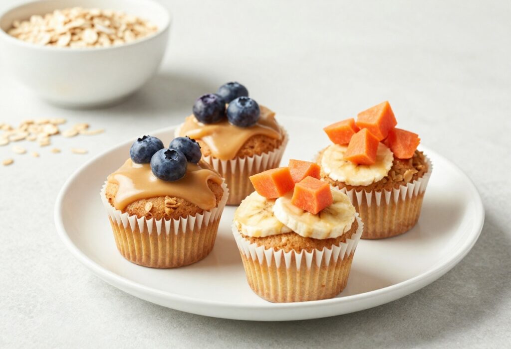 Homemade banana oat dog cupcakes with peanut butter drizzle on a white plate