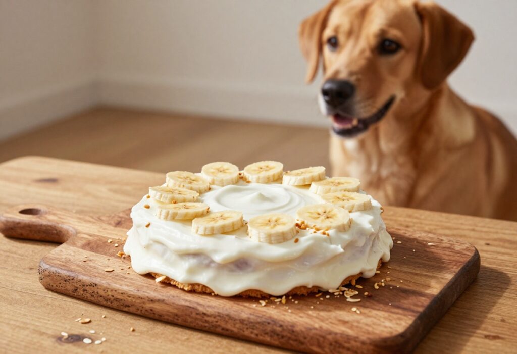 Homemade dog cake with banana and oats topped with yogurt frosting, with a dog waiting eagerly