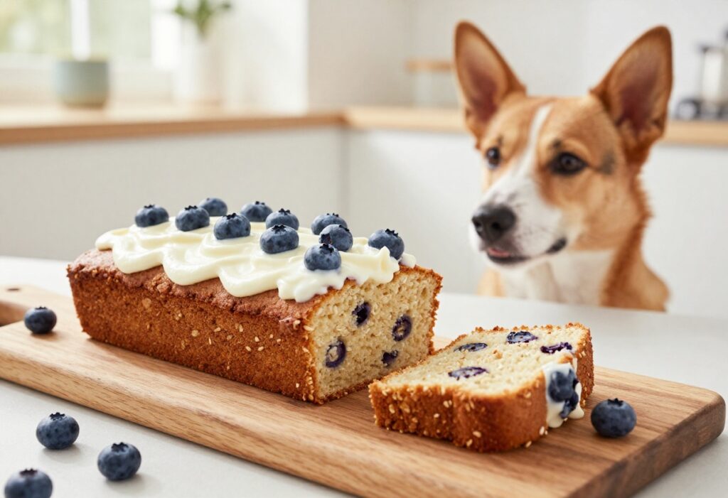 Homemade blueberry oat dog cake with whipped yogurt topper and fresh blueberries, with a dog waiting nearby