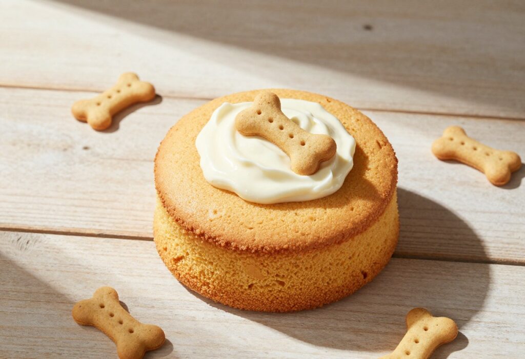Homemade dog cake with yogurt frosting and a dog bone treat on top, surrounded by dog biscuits on a wooden table