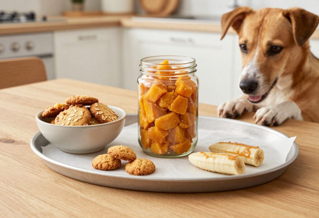 Homemade long-lasting dog treats including sweet potato chews, oat biscuits, and frozen peanut butter banana pops arranged on a wooden table.