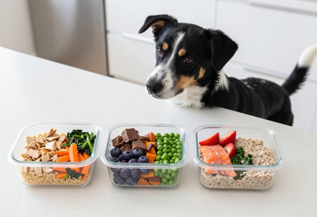 Homemade dog food meal prep containers with various recipes, surrounded by fresh ingredients and a dog watching.