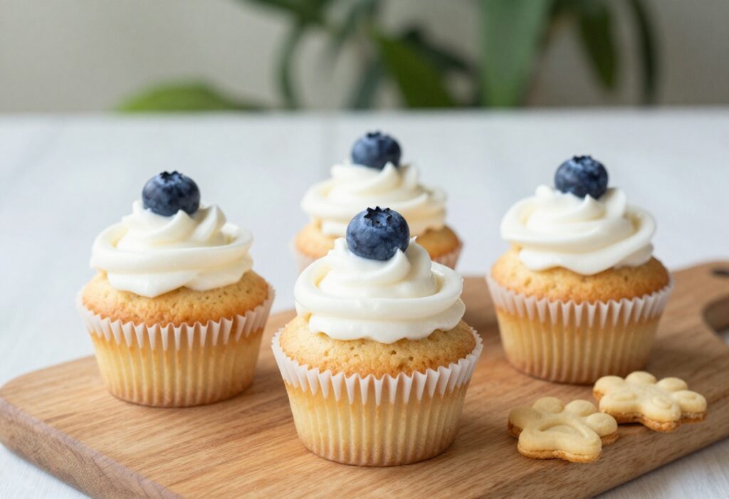 Three blueberry dog cupcakes with yogurt icing on a wooden board