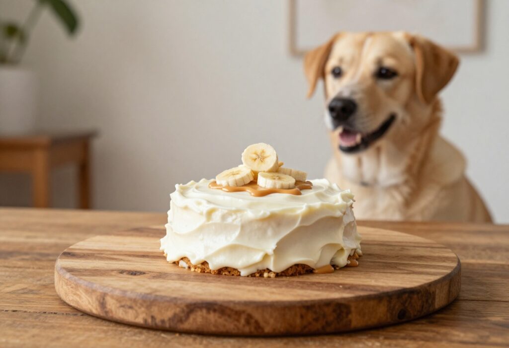 Homemade peanut butter banana oat dog cake with yogurt frosting and banana slice, next to a happy dog